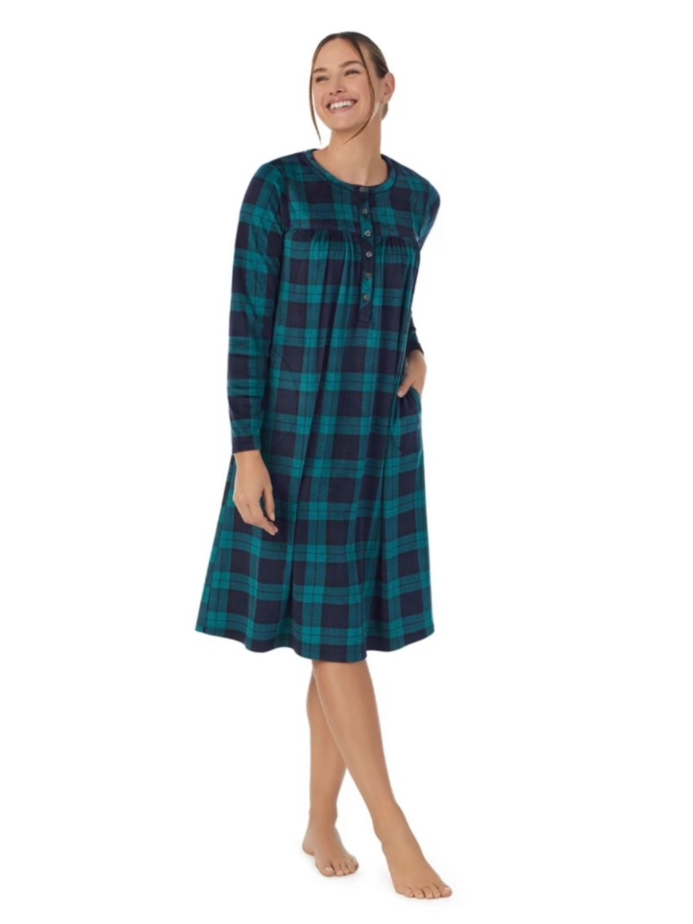 Aria Knit Velour Long Sleeve Ballet Nightgown Women's L Plaid SOFT Lounge Wear